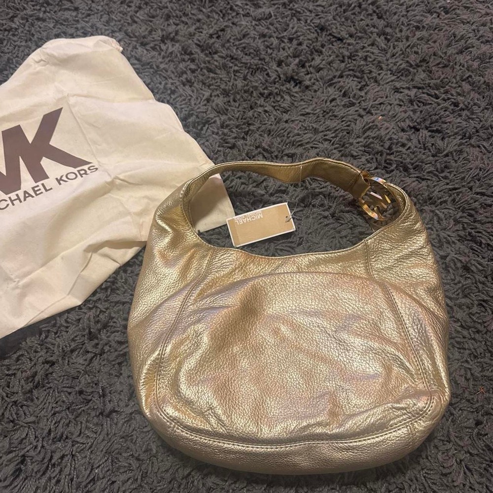 Michael Kors Fulton Gold Pebbled Leather Hobo Shoulder Bag Metallic MK Logo